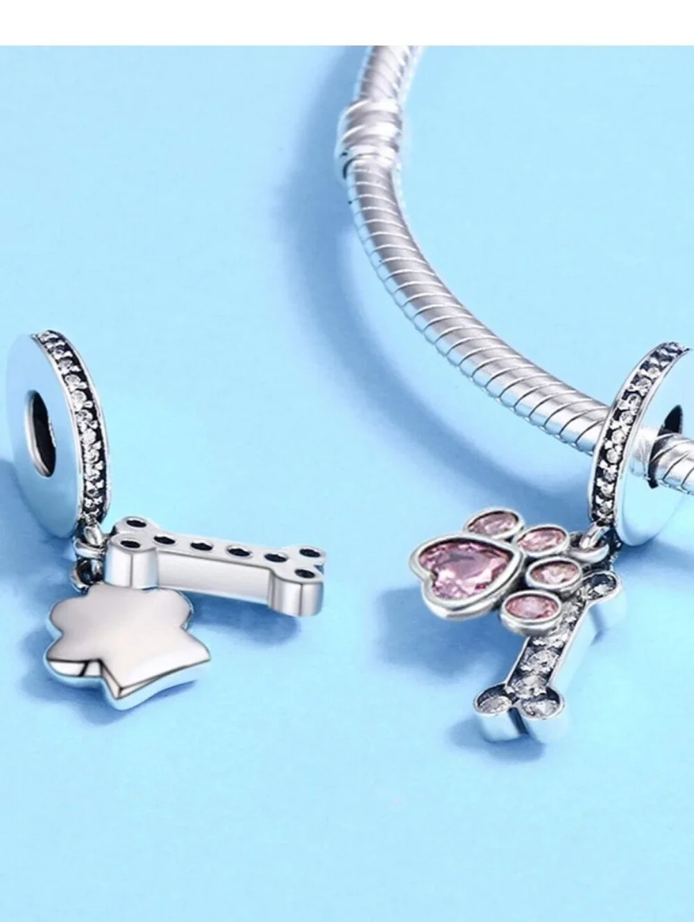 Pink Paw & Bone Dangle Charm - Silver Tone Pet Jewelry